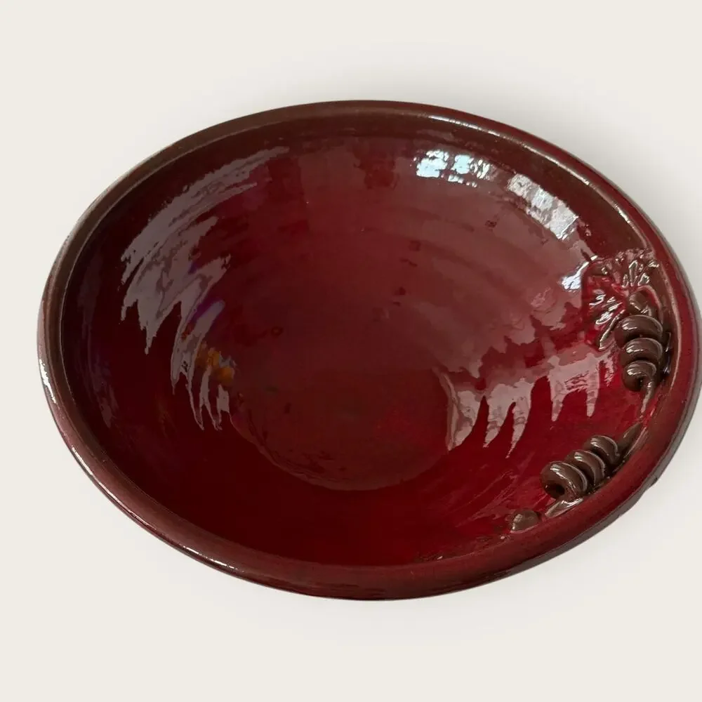 Pier 1 Red Glossy Ceramic Decorative Bowl, Leaf Pattern, Round